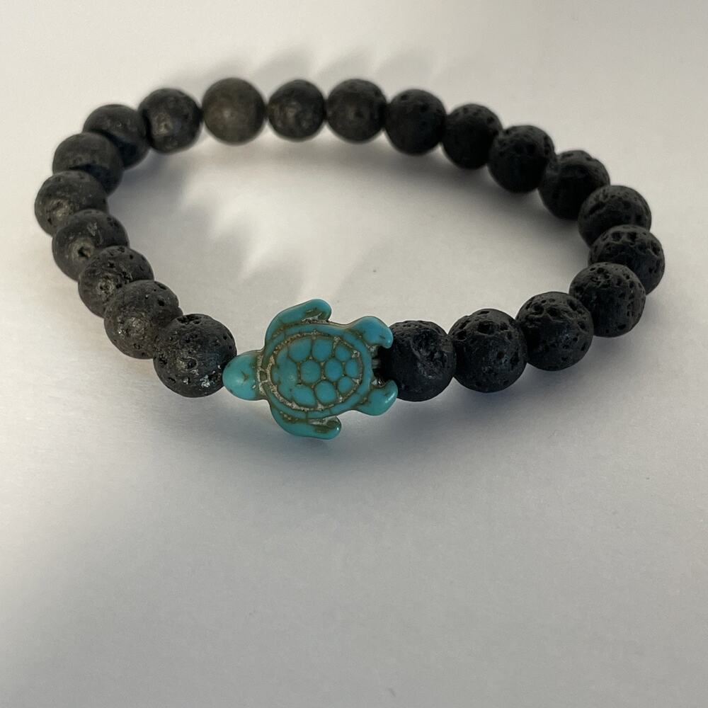 Lava Rock Stone Bead Bracelet Faux Turquoise Sea Turtle Charm Elastic Bracelet